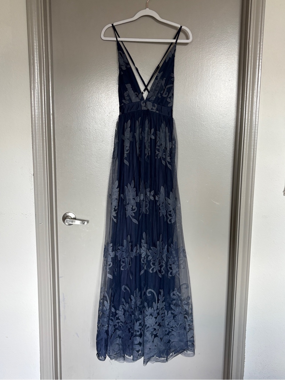 Luxxel Navy Blue Floral Lace V-Neck Maxi Dress